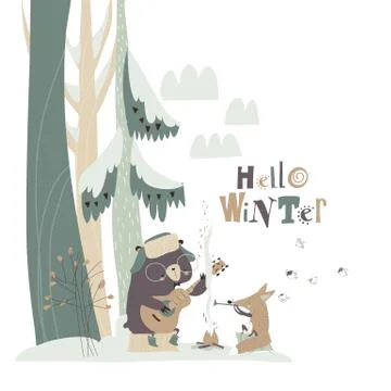 Cute fox with bear sitting by bonfire in winter forest Stock Illustration