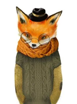 Cute fox boy with glasses hat and green sweater Stock Illustration