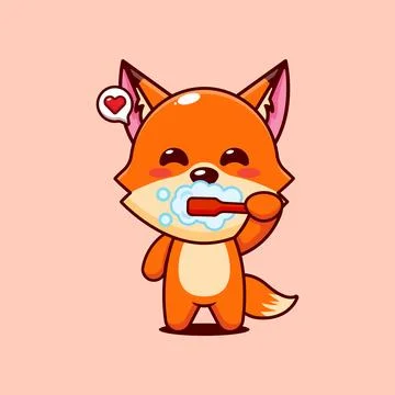 Cute fox brushing teeth cartoon vector illustration Stock Illustration