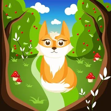Cute fox character in forest cartoon illustration. Flora and fauna, nature. Stock Illustration