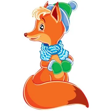 Cute fox character in hat and mittens, cartoon illustration, isolated object Illustrazione stock