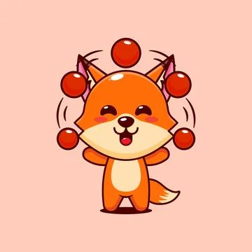 Cute fox circus attraction with balls cartoon vector illustration Stock Illustration