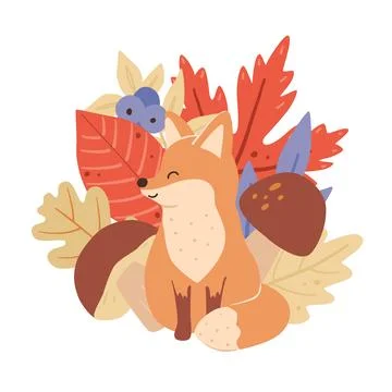Cute fox cub surrounded by bright autumn twig leaves. Kids vector illustration Stock Illustration