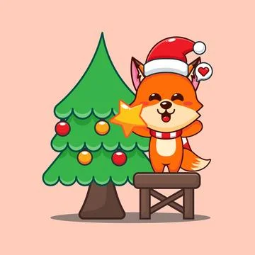 Cute fox decorating the Christmas tree on Christmas day. Stock Illustration