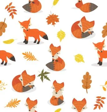 Cute fox different poses leaves pattern Stock Illustration