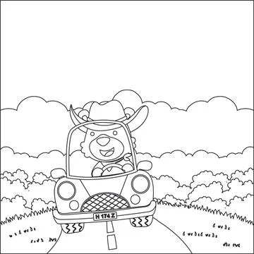 Cute fox driving a car go to forest funny animal cartoon. Stock Illustration