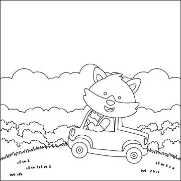 Cute fox driving a car go to forest funny animal cartoon. Stock Illustration