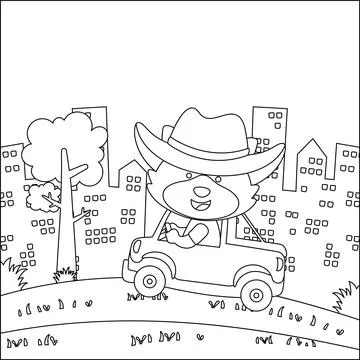 Cute fox driving a car go to forest funny animal cartoon. Stock Illustration