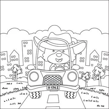 Cute fox driving a car go to forest funny animal cartoon. Stock Illustration