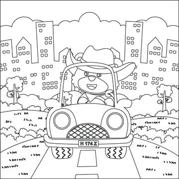 Cute fox driving a car go to forest funny animal cartoon. Stock Illustration