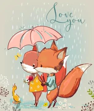 Cute fox with duck Stock Illustration