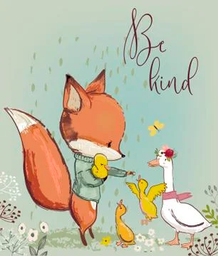Cute fox with ducks Stock Illustration