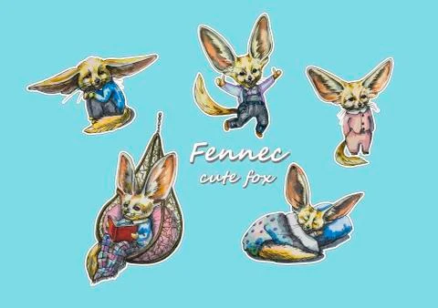 Cute fox fennec stickers on a blue background. Hand painted illustration Stock Illustration