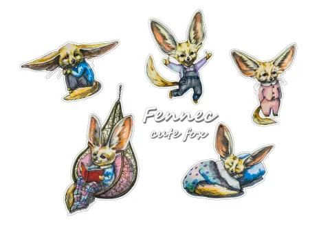 Cute fox fennec stickers on a white background. Hand painted illustration Stock Illustration