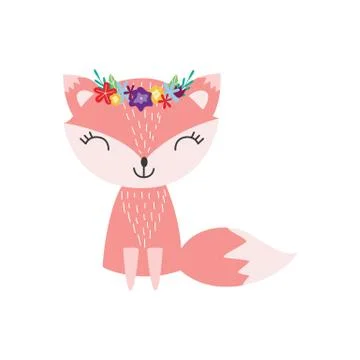 Cute fox flower wreath flat vector illustration in scandinavian style isolated. Illustrazione stock