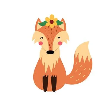 Cute fox with flowers on its head. Funny hand drawn forest character Stock Illustration