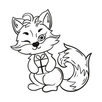 Cute fox with gift in its paws black outline drawing Stock Illustration