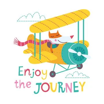 Cute fox is going by airplane. Vector illustration on a white background.  Illustrazione stock