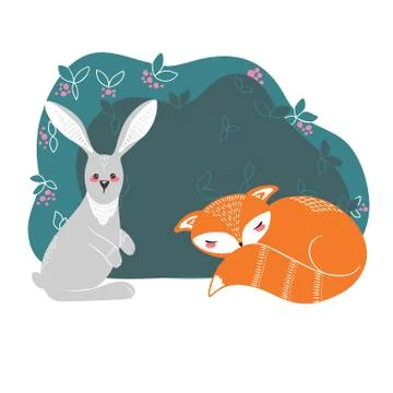 Cute fox, hare and rabbit on a background of plants. Hand drawn illustration  Stock Illustration
