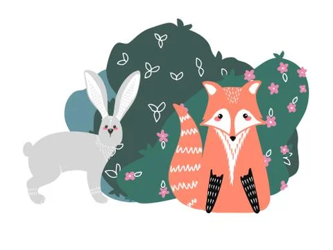 Cute fox, hare and rabbit on a background of plants. Hand drawn illustration  Stock Illustration