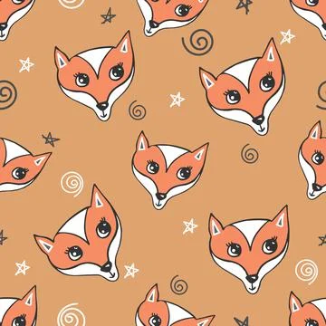 Cute fox heads seamless pattern, hand drawn fox face on beige background with Stock Illustration