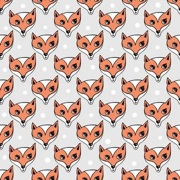 Cute fox heads seamless pattern, hand drawn fox face on grey background with Illustrazione stock