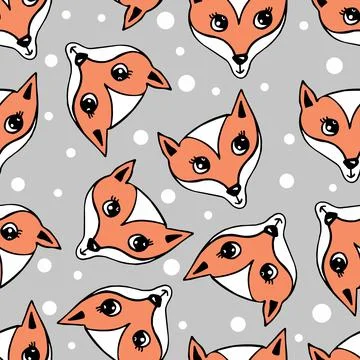 Cute fox heads seamless pattern, hand drawn fox face on beige background with Illustrazione stock
