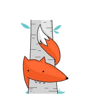 Cute fox hiding behind a tree Stock Illustration