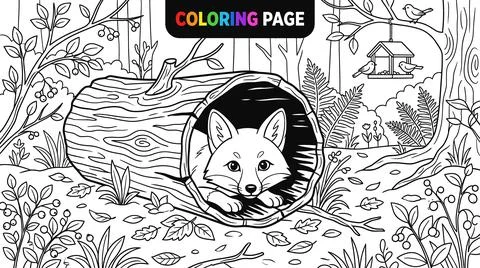 Cute Fox Hiding in a Log Coloring Page for Kids. Stock Illustration
