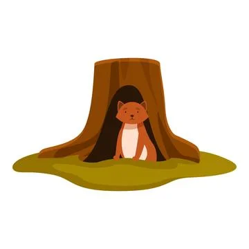 Cute fox hiding in tree trunk hollow in forest, wildlife scene Stock Illustration