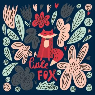 Cute fox leaves flowers and lettering style phrase : little fox Stock Illustration