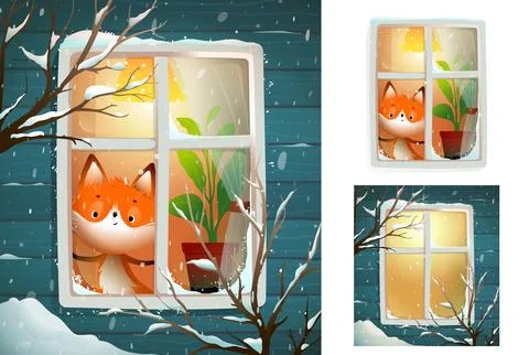 Cute Fox Looking from Snowy Window in Winter Stock Illustration