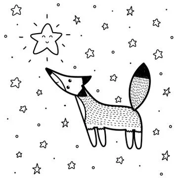 Cute fox looking at the star coloring page. Fantasy background for coloring book Stock Illustration