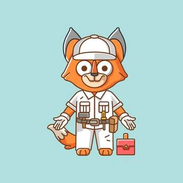Cute fox mechanic with tool at workshop cartoon animal character mascot icon Illustrazione stock