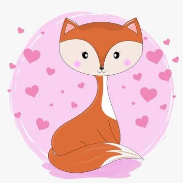 Cute fox in modern simple flat style isolated on a pink circle with hearts Stock Illustration