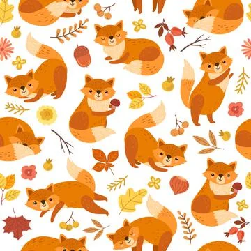 Cute fox pattern. Orange foxes print, awesome wild forest animal. Funny woodland Stock Illustration