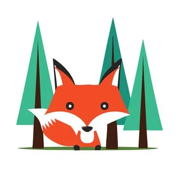 Cute fox peeking behind trees. Adorable cartoon fox peeking out from behind.. Stock Illustration