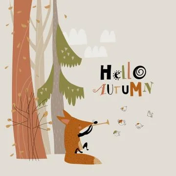Cute fox playing the pipe for birds in autumn forest Stock Illustration