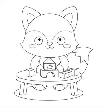Cute Fox Playing With Toy Blocks Outline Coloring Page For Kids Vector Stock Illustration