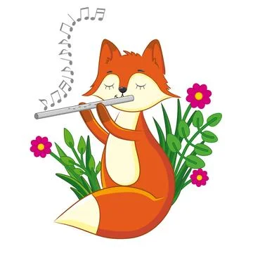 Cute fox playing a tune on the flute. Stock Illustration