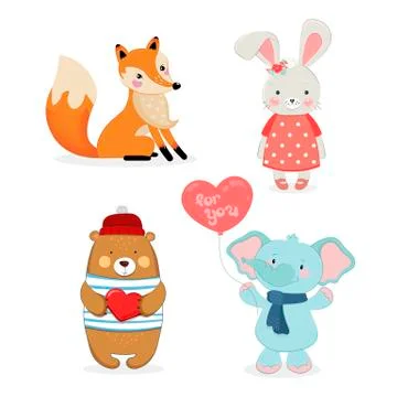 Cute fox, rabbit, bear, elephant boys and girls cartoon hand drawn vector イラスト素材