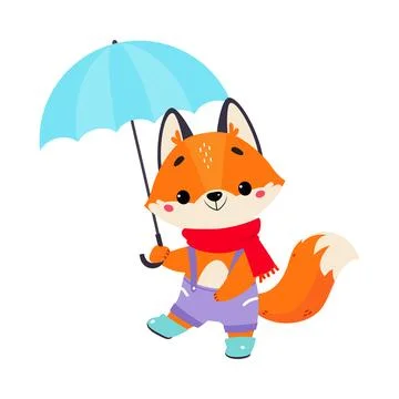 Cute Fox in Rainy Day Walking with Umbrella Vector Illustration Ilustración de archivo