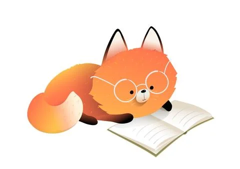 Cute Fox Reading Book Kids Educational Clipart Stock Illustration