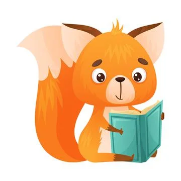 Cute fox reading book. Smart baby animal sitting and studying with book cartoon Illustrazione stock