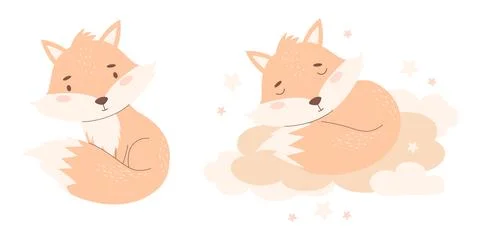 Cute fox. Red wild sleeping animal character in pastel colors. Vector illus.. Stock Illustration
