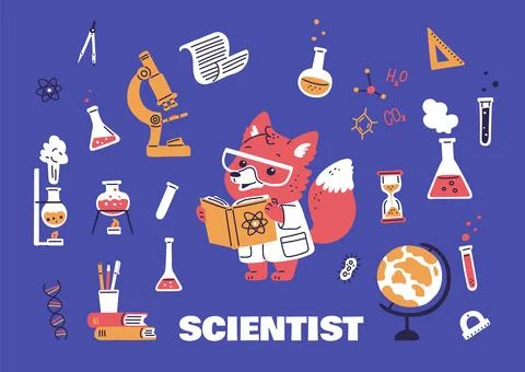 Cute fox scientist in glasses, white coat holds book, vector laboratory Stock Illustration