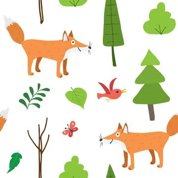 Cute Fox Seamless pattern. Cartoon Animals in forest background. Vector illus Illustrazione stock