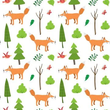 Cute Fox Seamless pattern. Cartoon Animals in forest background. Vector illus Illustrazione stock