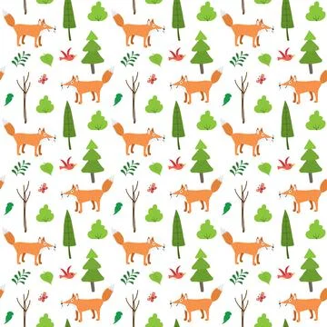 Cute Fox Seamless pattern. Cartoon Animals in forest background. Vector illus Illustrazione stock