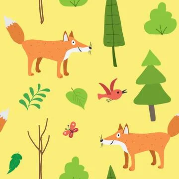 Cute Fox Seamless pattern. Cartoon Animals in forest background. Vector illus Illustrazione stock